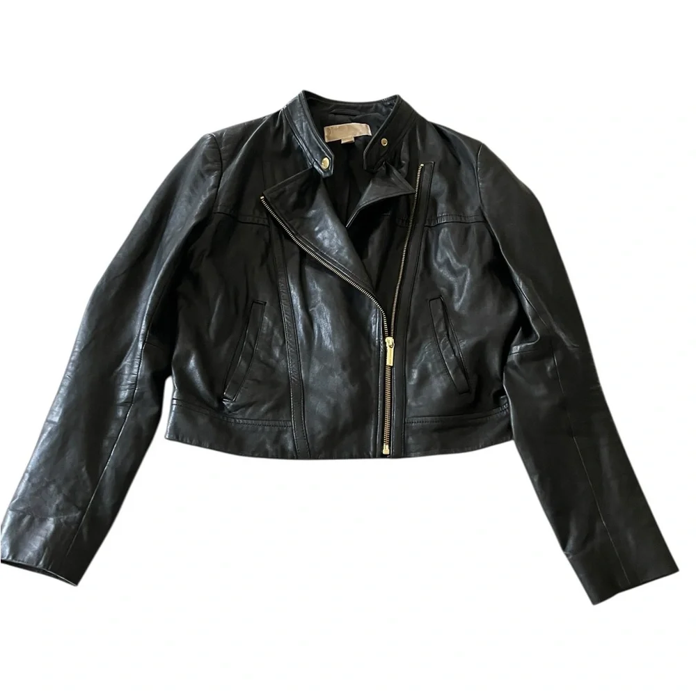 Michael Kors Black Leather Lambskin Moto Biker Jacket Gold Women’s M - Picture 2 of 15